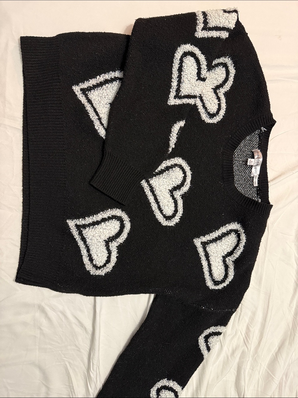 Madden Girl Black Crewneck Sweater with White Heart Motif
